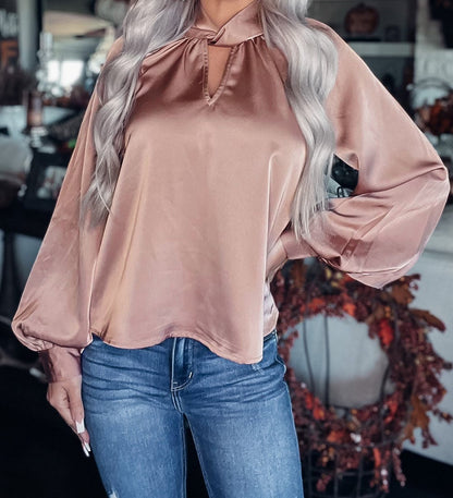 High neck twist puff sleeve blouse