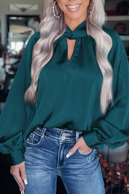 High neck twist puff sleeve blouse