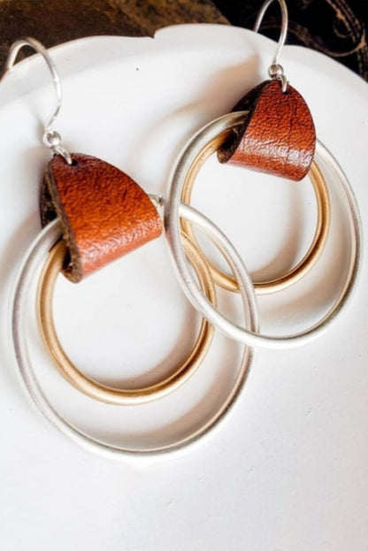 Leather accent circle earrings