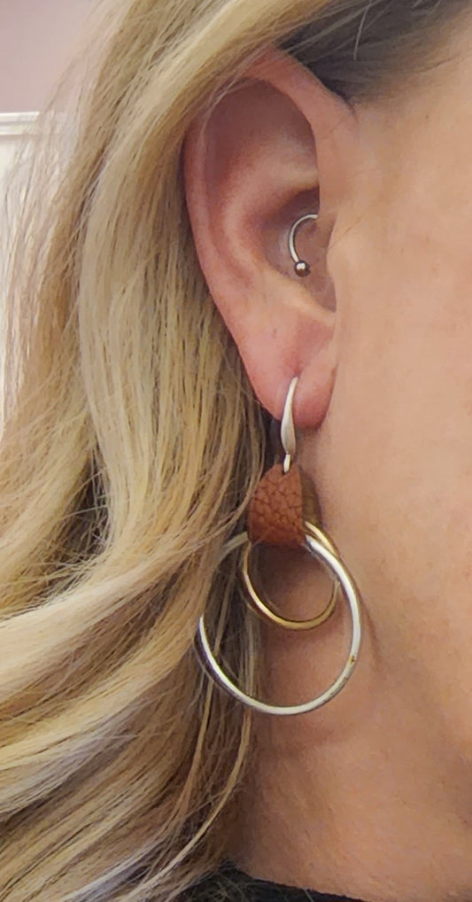 Leather accent circle earrings